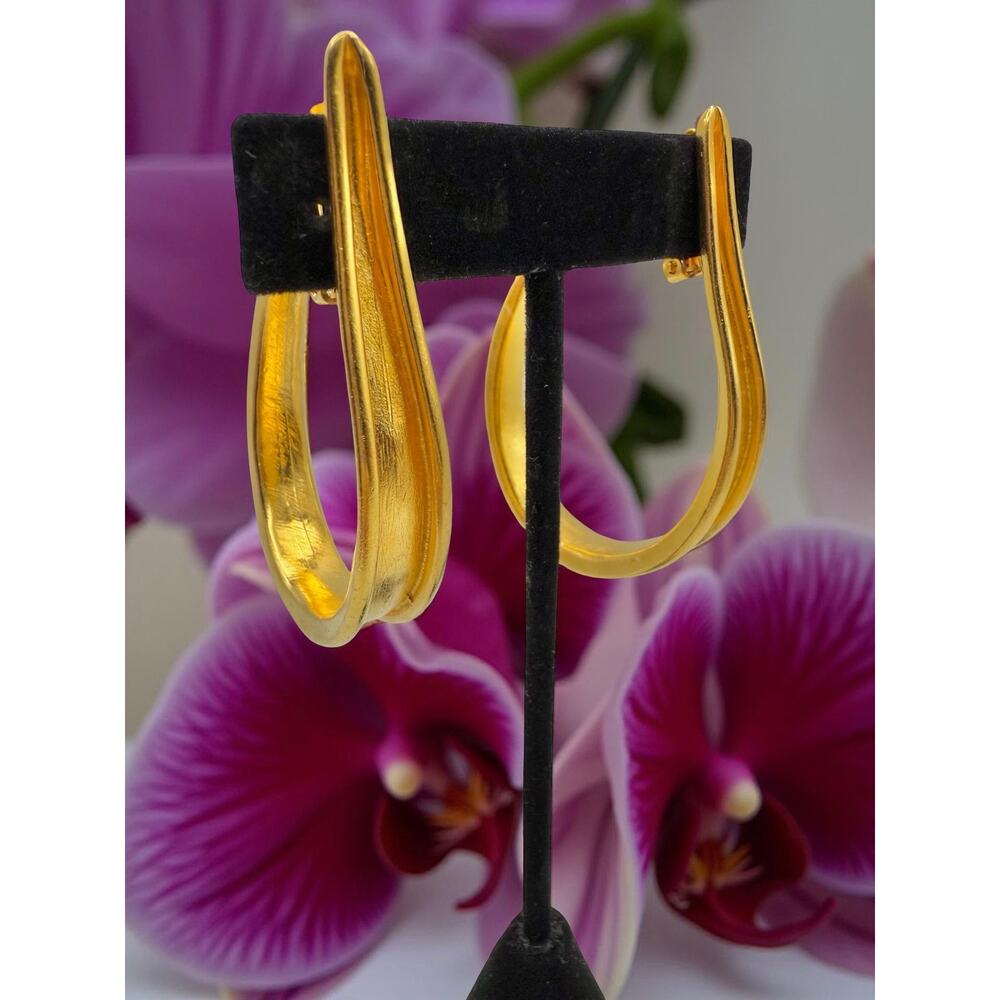 RARE 24K Gold Plated Sculptural Open Hoop Clip On Earrings